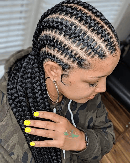 Chunky stitch braids seen from above, the stitched divisions running back into a ponytail, Houston TX